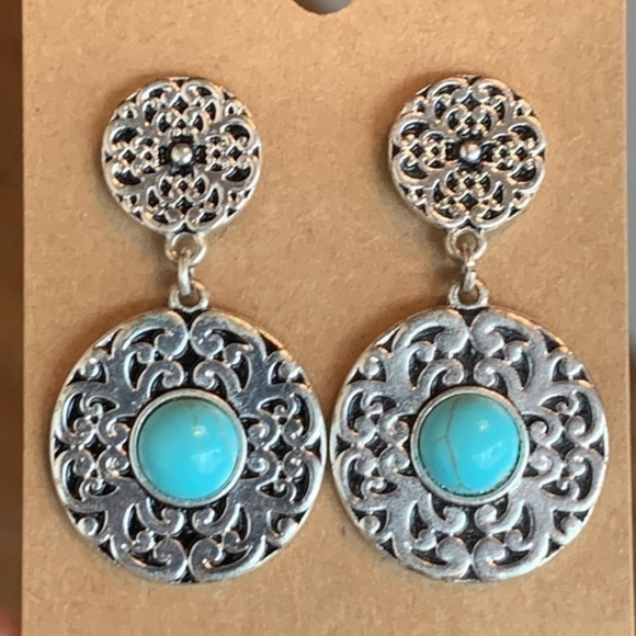 Southwestern faux turquoise cabochon stone center 2 medallion dangle statement - Picture 1 of 10